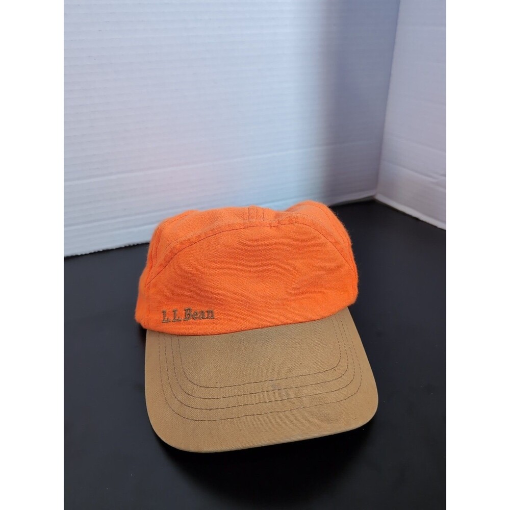 LL BEAN LOGO HAT CAP ADJ STRAP ORANGE HUNTING FREEPORT MAINE USA 90s Vintage